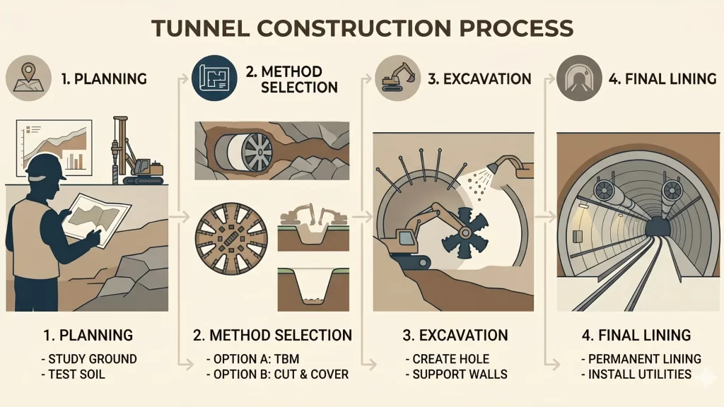 Tunnel Constructed (Step-by-Step Process) 